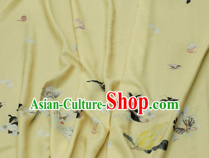 Asian Chinese Classical Printing Butterfly Pattern Design Yellow Silk Fabric Traditional Hanfu Brocade Material
