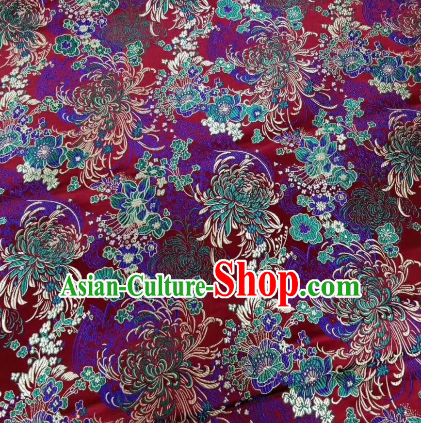 Asian Chinese Classical Chrysanthemum Pattern Design Wine Red Silk Fabric Traditional Nanjing Brocade Material