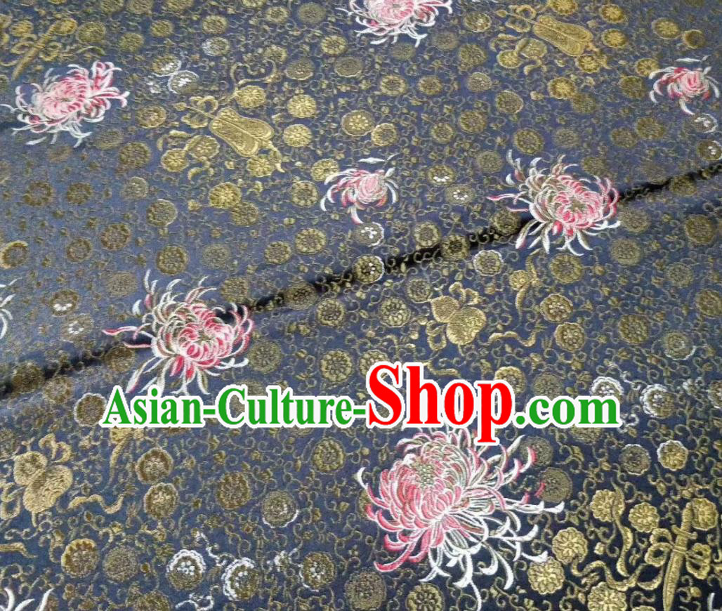 Asian Chinese Classical Chrysanthemum Pattern Design Grey Silk Fabric Traditional Nanjing Brocade Material