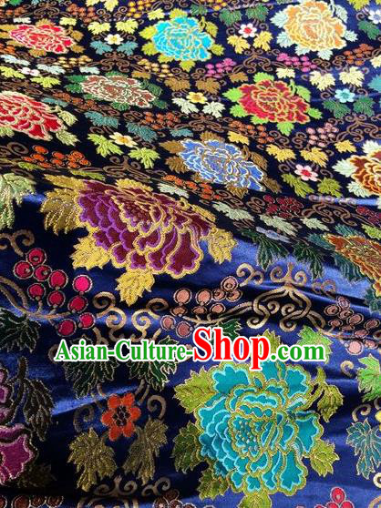 Asian Chinese Classical Peony Pattern Design Royalblue Silk Fabric Traditional Nanjing Brocade Material