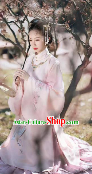 Traditional Chinese Ancient Nobility Lady Pink Embroidered Dress Ming Dynasty Palace Princess Costumes for Women
