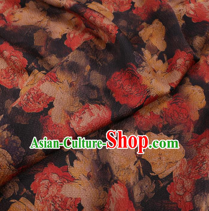 Asian Chinese Classical Roses Pattern Design Brown Watered Gauze Fabric Traditional Silk Material