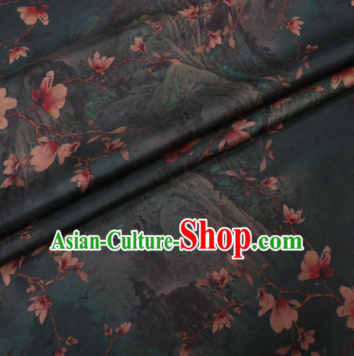 Asian Chinese Classical Yulan Magnolia Pattern Design Atrovirens Watered Gauze Fabric Traditional Silk Material