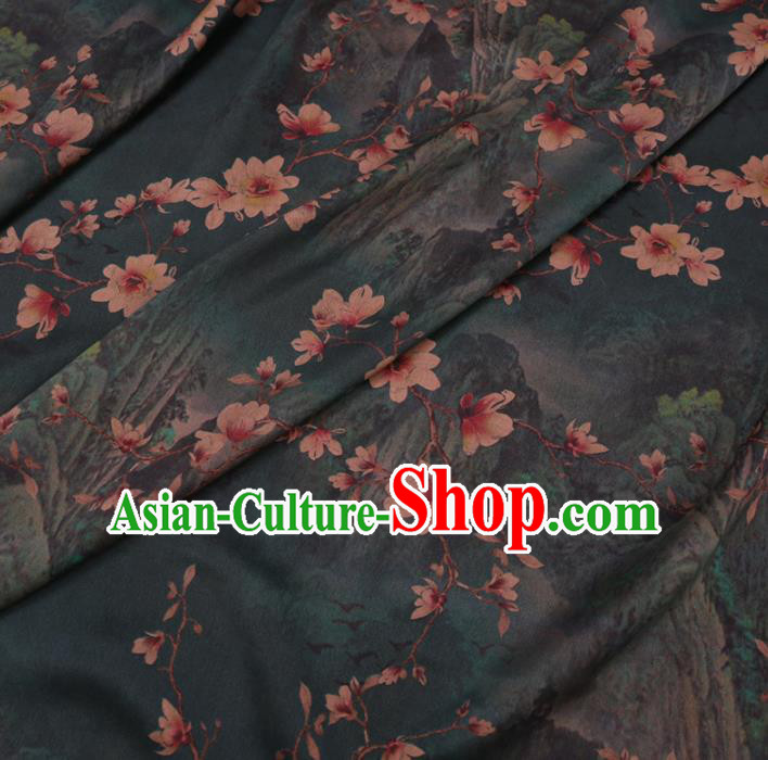 Asian Chinese Classical Yulan Magnolia Pattern Design Atrovirens Watered Gauze Fabric Traditional Silk Material
