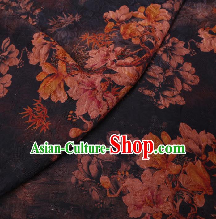 Asian Chinese Classical Magnolia Maple Leaf Pattern Design Navy Watered Gauze Fabric Traditional Silk Material