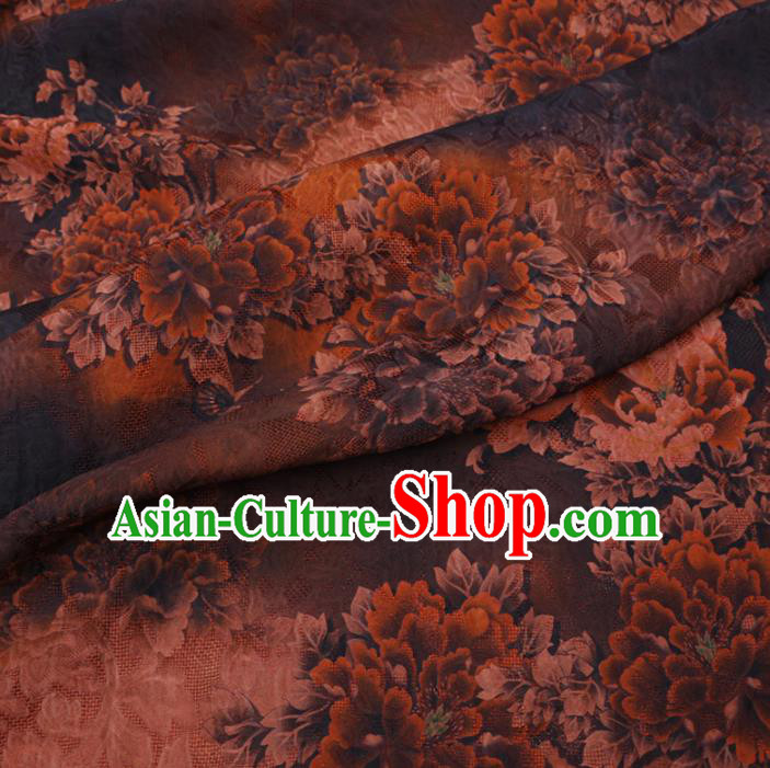 Asian Chinese Classical Peony Pattern Design Brown Watered Gauze Fabric Traditional Silk Material