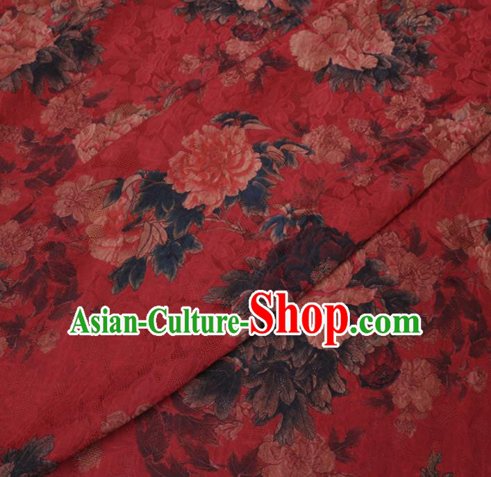 Asian Chinese Classical Peony Flowers Pattern Design Red Watered Gauze Fabric Traditional Silk Material