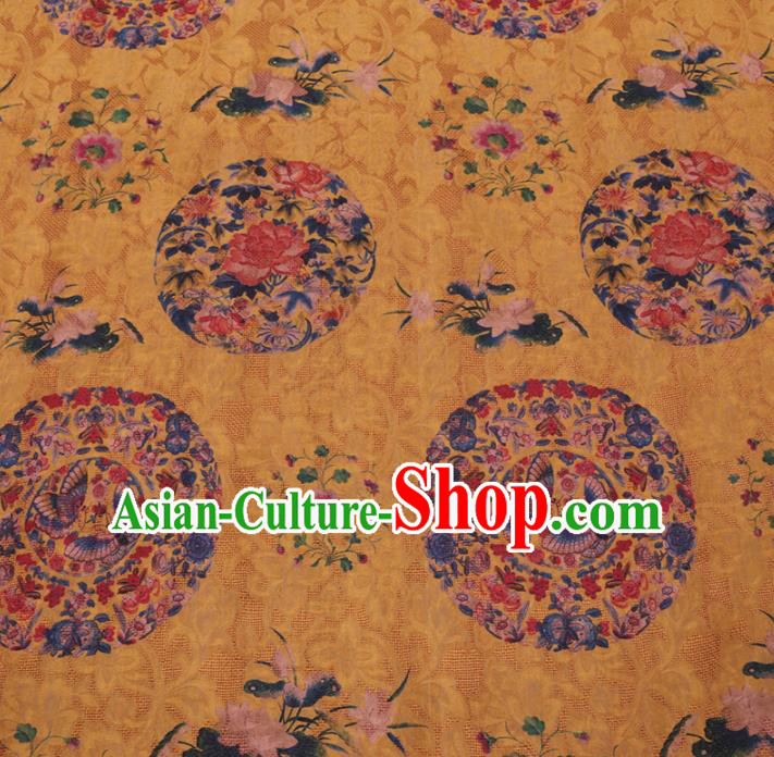 Asian Chinese Classical Butterfly Peony Pattern Design Yellow Watered Gauze Fabric Traditional Silk Material
