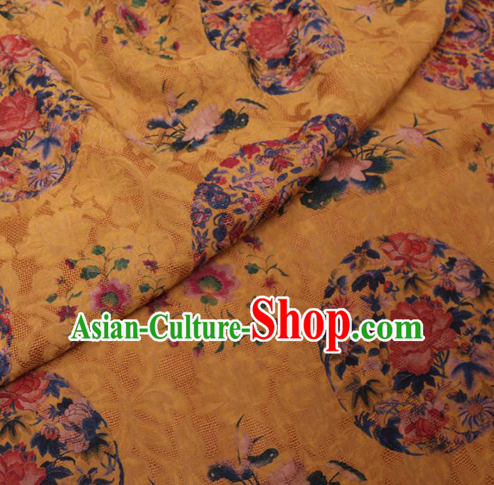 Asian Chinese Classical Butterfly Peony Pattern Design Yellow Watered Gauze Fabric Traditional Silk Material