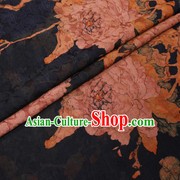 Asian Chinese Classical Peony Pattern Design Navy Watered Gauze Fabric Traditional Silk Material