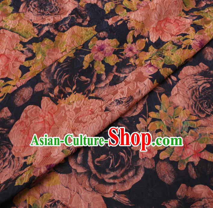 Asian Chinese Classical Peony Pattern Design Black Watered Gauze Fabric Traditional Silk Material