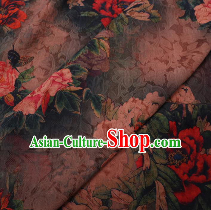 Asian Chinese Classical Peony Pattern Design Dark Green Watered Gauze Fabric Traditional Silk Material