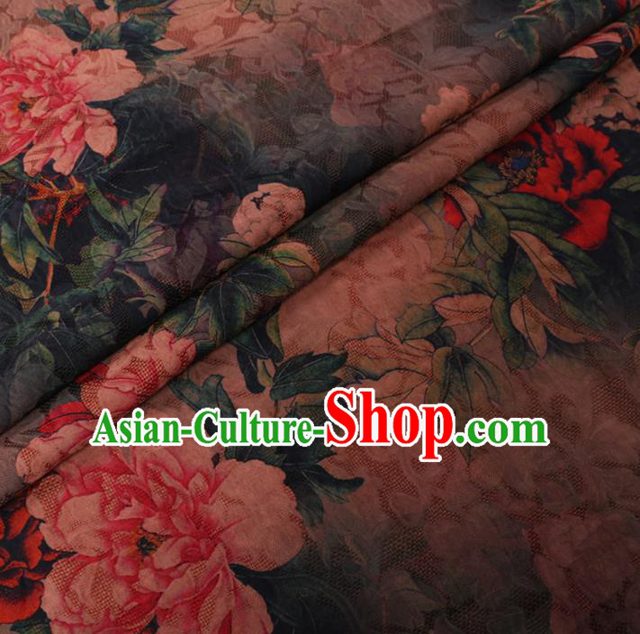 Asian Chinese Classical Peony Pattern Design Dark Green Watered Gauze Fabric Traditional Silk Material