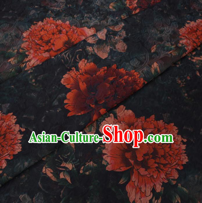 Chinese Classical Peony Flowers Pattern Design Black Watered Gauze Fabric Asian Traditional Silk Material