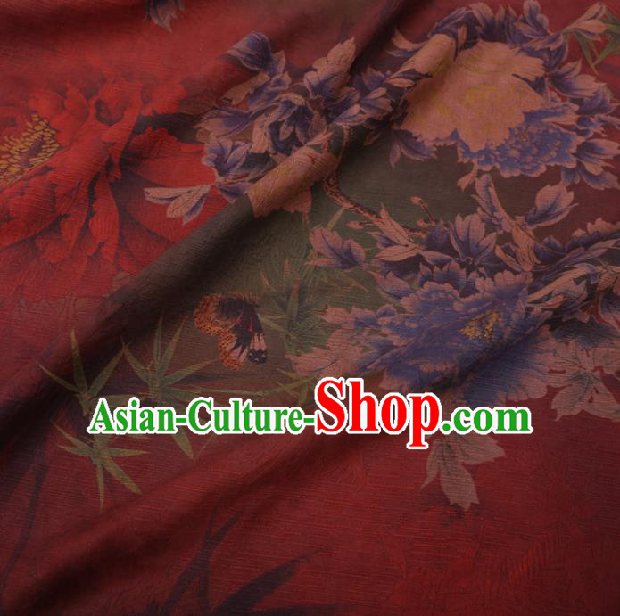 Chinese Cheongsam Classical Peony Bamboo Pattern Design Red Watered Gauze Fabric Asian Traditional Silk Material