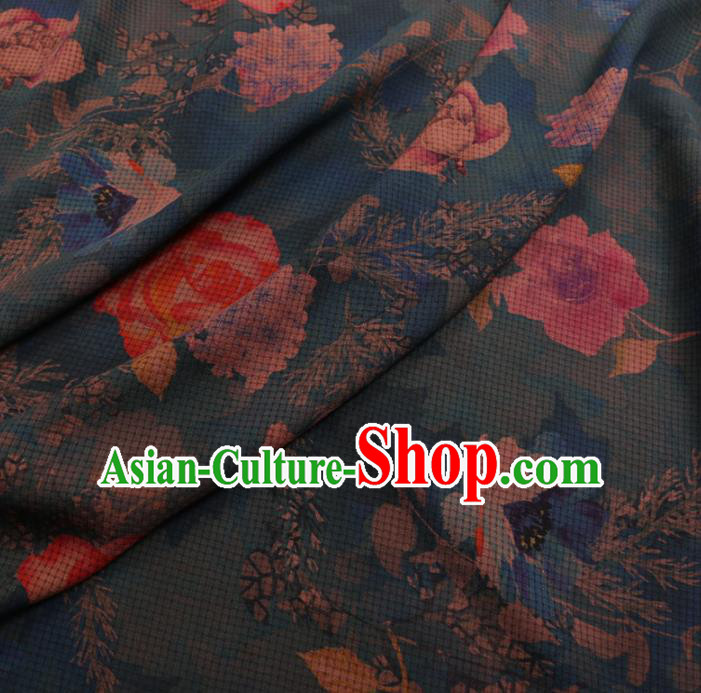 Chinese Cheongsam Classical Roses Pattern Design Blue Watered Gauze Fabric Asian Traditional Silk Material