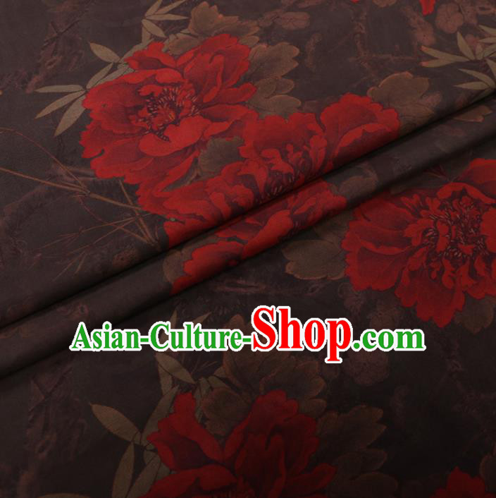 Chinese Cheongsam Classical Peony Pattern Design Brown Watered Gauze Fabric Asian Traditional Silk Material