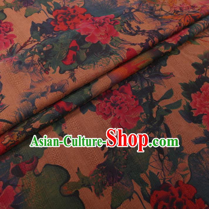 Chinese Cheongsam Classical Peony Pattern Design Ginger Watered Gauze Fabric Asian Traditional Silk Material