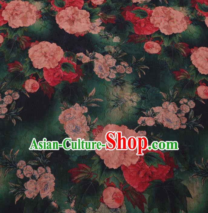 Chinese Cheongsam Classical Peony Pattern Design Deep Green Watered Gauze Fabric Asian Traditional Silk Material