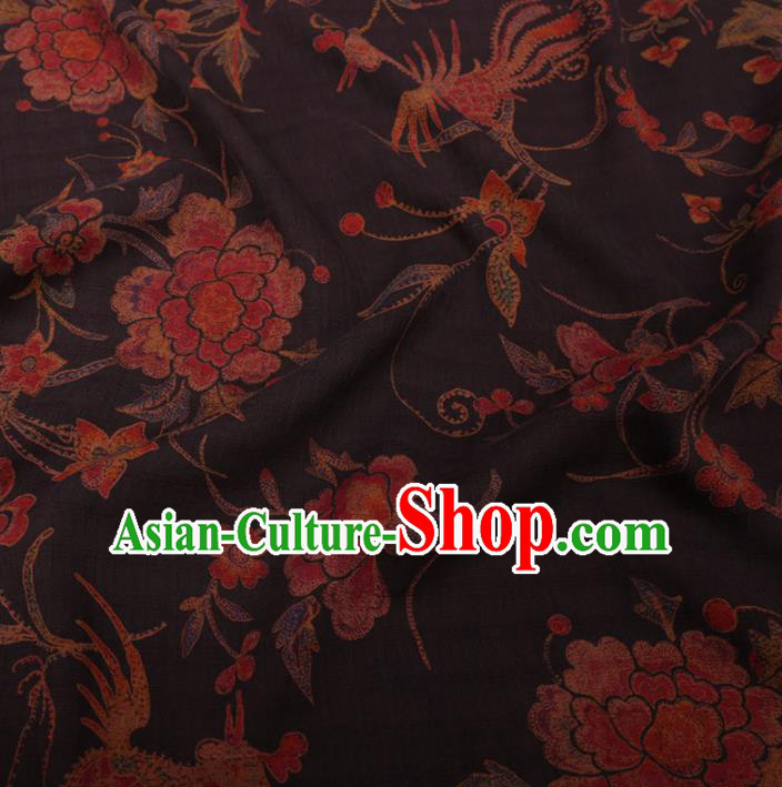 Chinese Cheongsam Classical Phoenix Peony Pattern Design Brown Watered Gauze Fabric Asian Traditional Silk Material