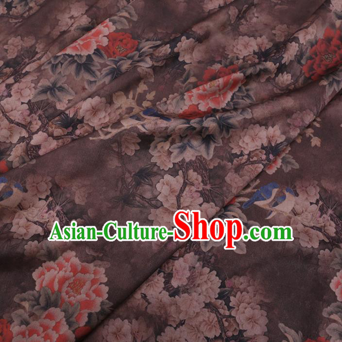 Chinese Cheongsam Classical Peony Pear Flowers Pattern Design Brown Watered Gauze Fabric Asian Traditional Silk Material