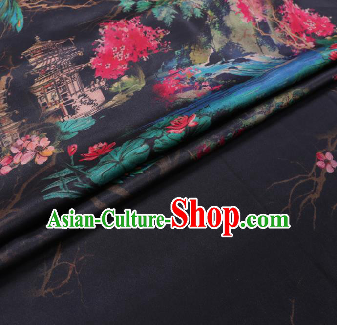 Chinese Cheongsam Classical Peach Blossom Lotus Pattern Design Black Watered Gauze Fabric Asian Traditional Silk Material