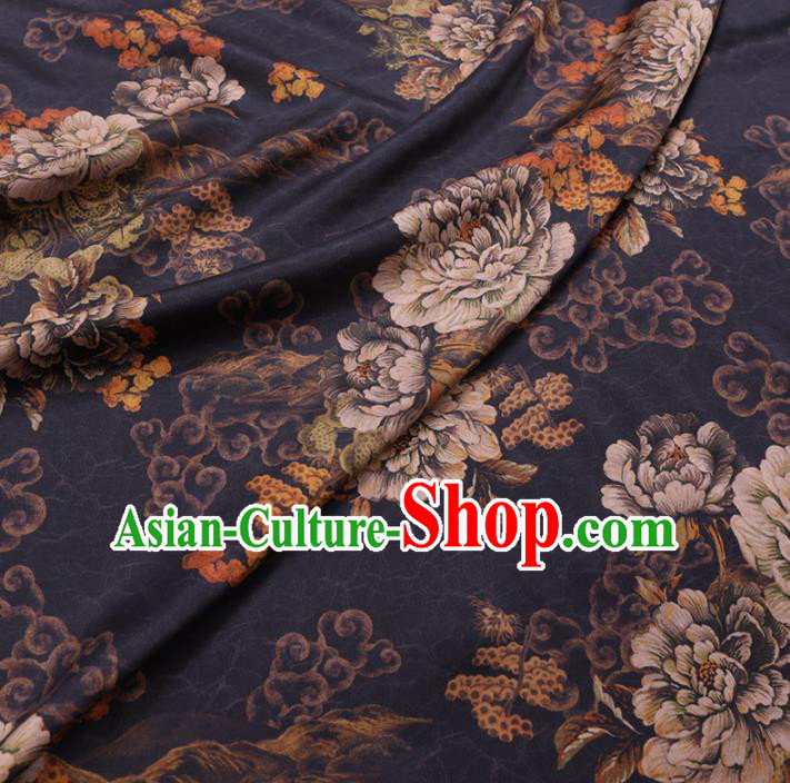 Chinese Cheongsam Classical Cloud Peony Pattern Design Black Watered Gauze Fabric Asian Traditional Silk Material