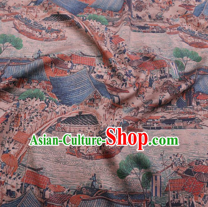 Chinese Cheongsam Classical Riverside Scene at Qingming Festival Pattern Design Watered Gauze Fabric Asian Traditional Silk Material