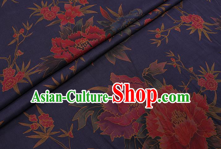 Chinese Cheongsam Classical Peony Plum Pattern Design Deep Blue Watered Gauze Fabric Asian Traditional Silk Material
