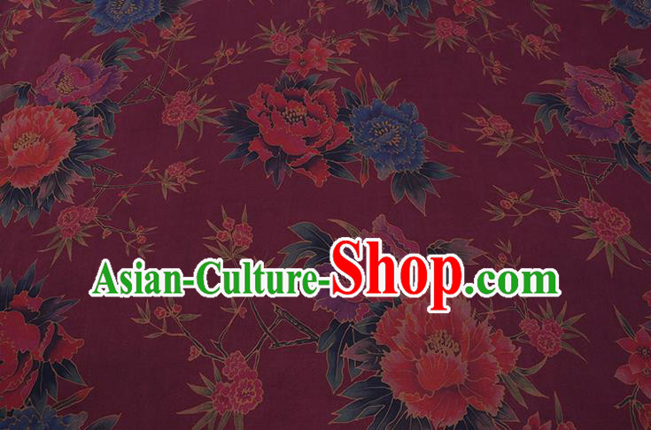 Chinese Cheongsam Classical Peony Plum Pattern Design Wine Red Watered Gauze Fabric Asian Traditional Silk Material