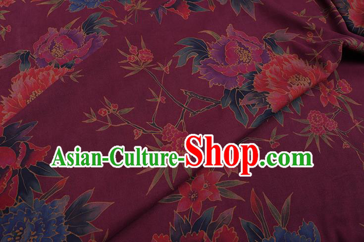 Chinese Cheongsam Classical Peony Plum Pattern Design Wine Red Watered Gauze Fabric Asian Traditional Silk Material