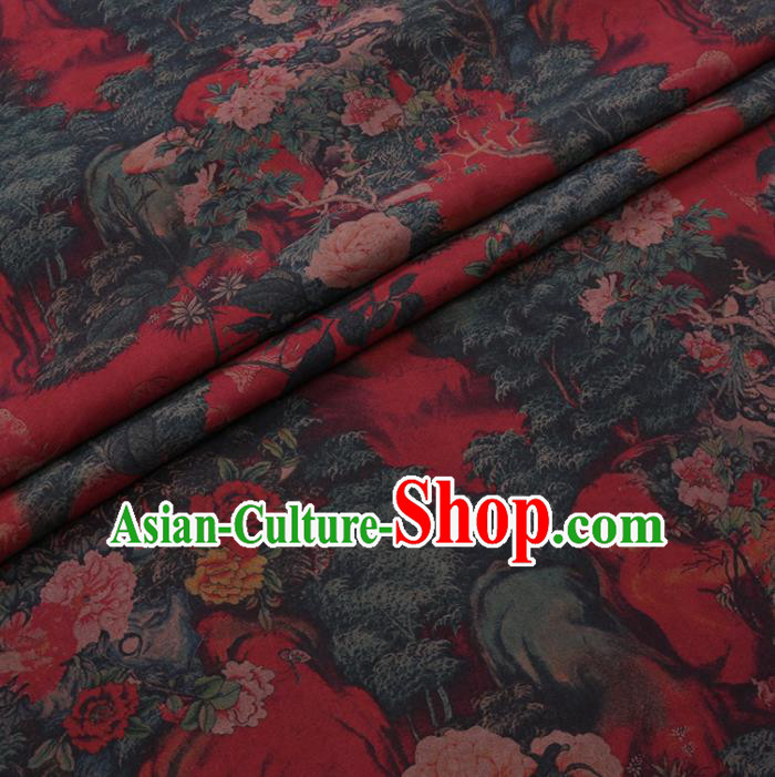Chinese Cheongsam Classical Peony Tree Pattern Design Red Watered Gauze Fabric Asian Traditional Silk Material