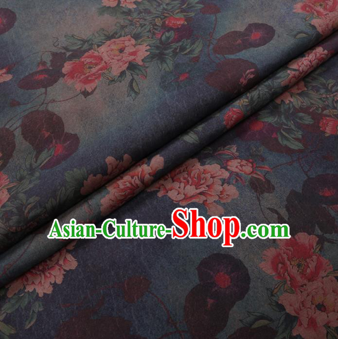 Chinese Cheongsam Classical Peony Pattern Design Deep Blue Watered Gauze Fabric Asian Traditional Silk Material