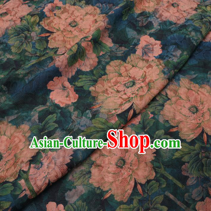 Asian Chinese Classical Peony Pattern Design Blue Watered Gauze Fabric Traditional Silk Material