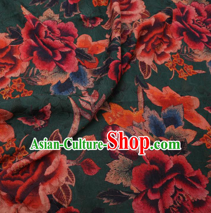 Asian Chinese Classical Peony Butterfly Pattern Design Deep Green Watered Gauze Fabric Traditional Silk Material