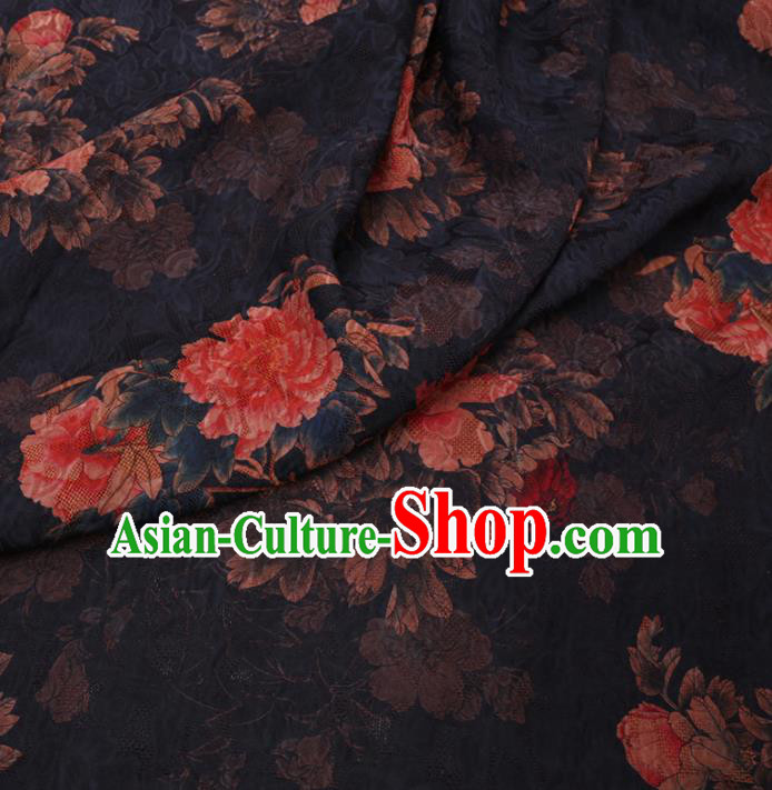 Chinese Cheongsam Classical Peony Pattern Design Black Watered Gauze Fabric Asian Traditional Silk Material