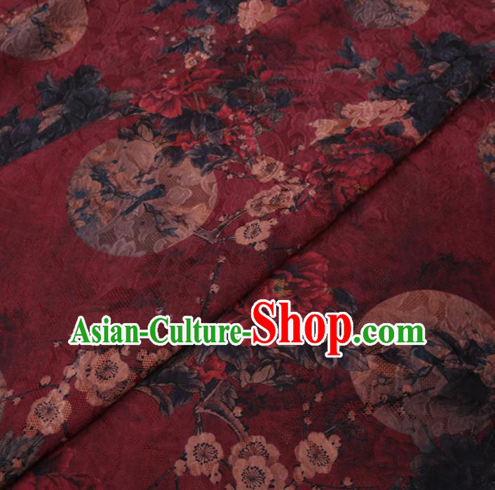 Asian Chinese Classical Peony Plum Pattern Design Dark Red Watered Gauze Fabric Traditional Silk Material