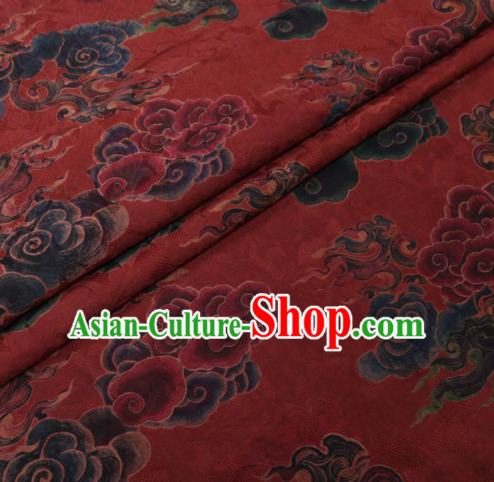 Asian Chinese Classical Auspicious Cloud Pattern Design Dark Red Watered Gauze Fabric Traditional Silk Material