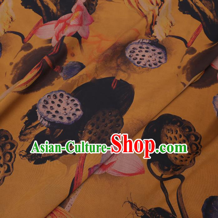 Chinese Cheongsam Classical Lotus Pattern Design Yellow Watered Gauze Fabric Asian Traditional Silk Material