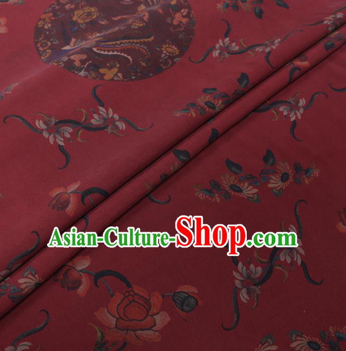 Chinese Cheongsam Classical Phoenix Peony Pattern Design Dark Red Watered Gauze Fabric Asian Traditional Silk Material