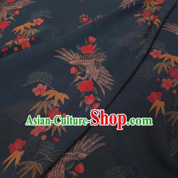 Chinese Cheongsam Classical Crane Bamboo Leaf Pattern Design Navy Watered Gauze Fabric Asian Traditional Silk Material
