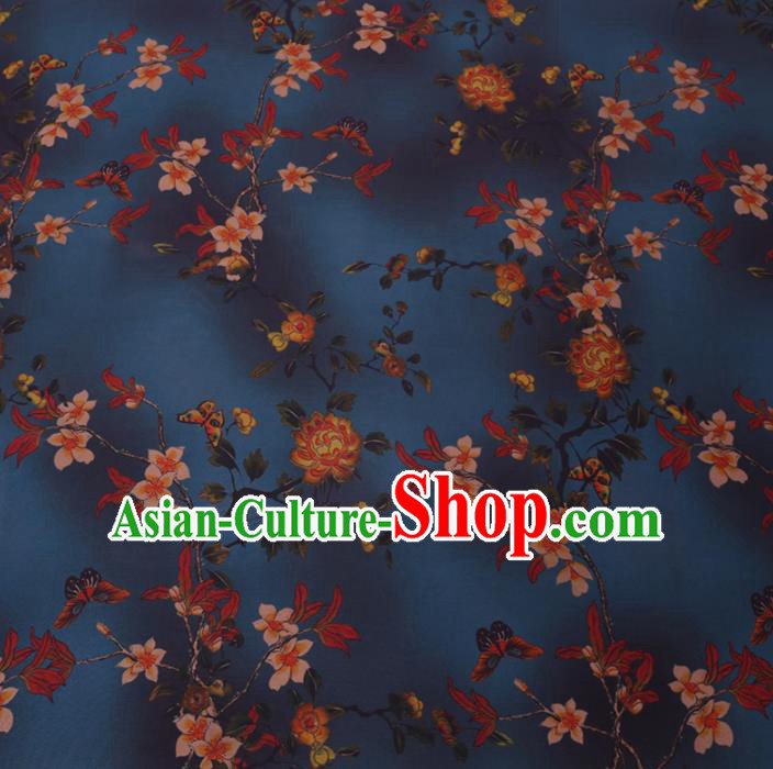 Chinese Cheongsam Classical Rose Pattern Design Navy Watered Gauze Fabric Asian Traditional Silk Material
