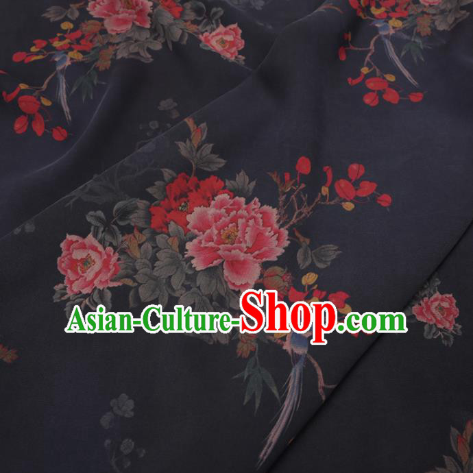 Chinese Cheongsam Classical Peony Bird Pattern Design Black Watered Gauze Fabric Asian Traditional Silk Material