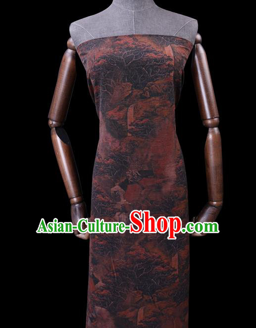 Chinese Cheongsam Classical Landscape Pattern Design Brown Watered Gauze Fabric Asian Traditional Silk Material