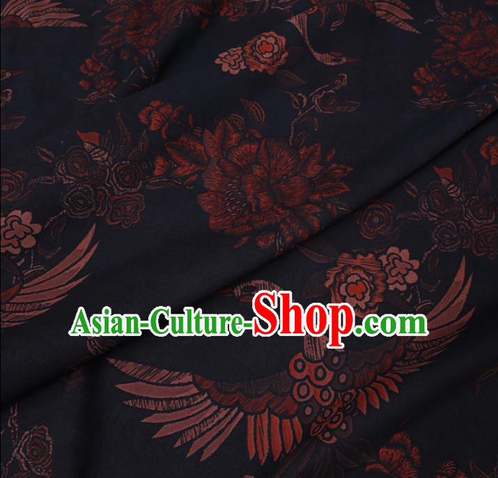 Chinese Cheongsam Classical Crane Peony Pattern Design Black Watered Gauze Fabric Asian Traditional Silk Material