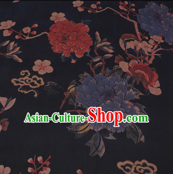 Chinese Cheongsam Classical Peony Plum Pattern Design Black Watered Gauze Fabric Asian Traditional Silk Material