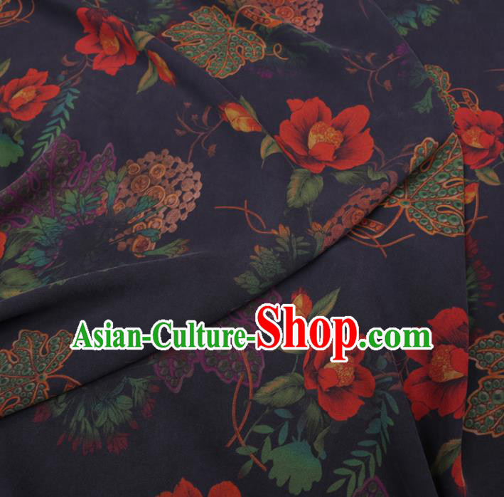 Chinese Cheongsam Classical Flowers Pattern Design Navy Watered Gauze Fabric Asian Traditional Silk Material