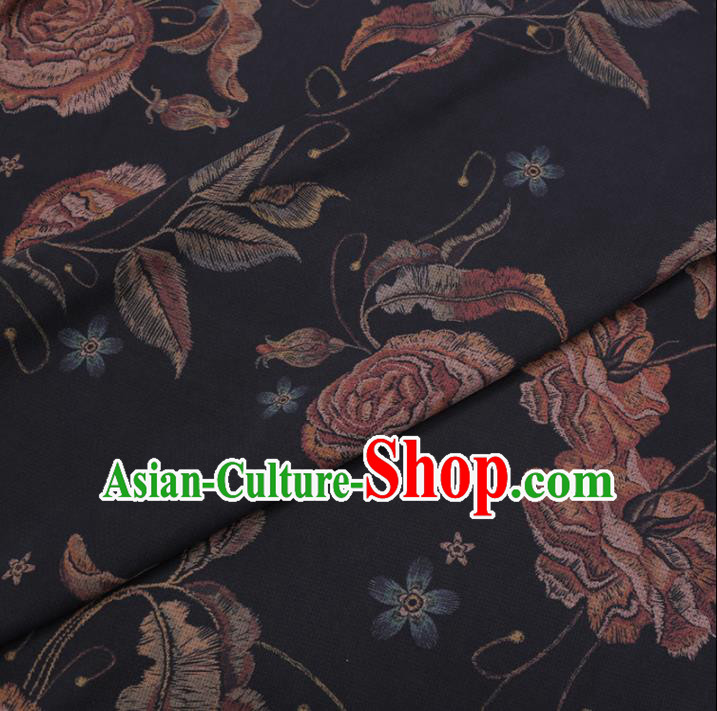 Chinese Cheongsam Classical Rose Flowers Pattern Design Black Watered Gauze Fabric Asian Traditional Silk Material