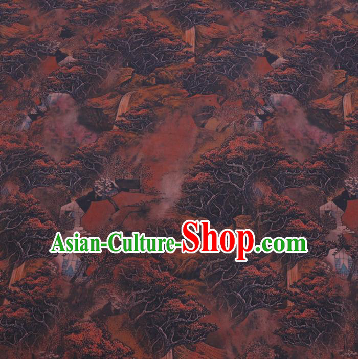Chinese Cheongsam Classical Landscape Pattern Design Brown Watered Gauze Fabric Asian Traditional Silk Material