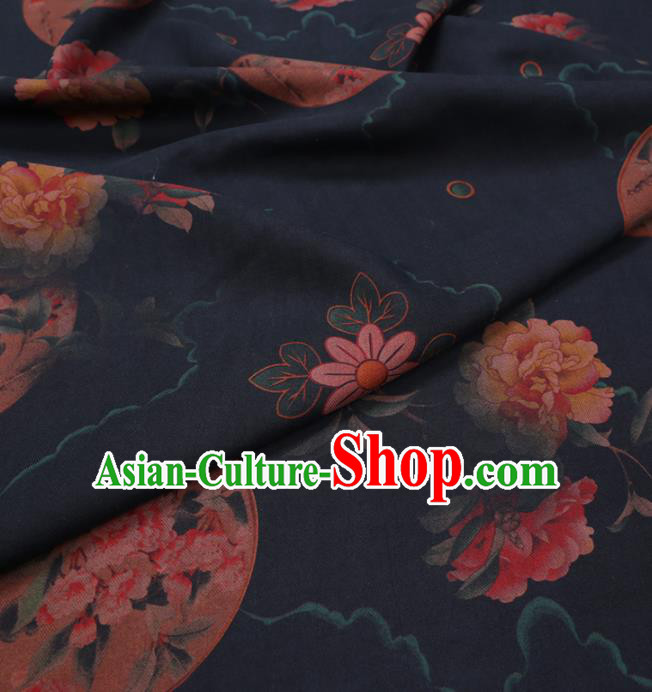 Chinese Cheongsam Classical Peony Fan Pattern Design Black Watered Gauze Fabric Asian Traditional Silk Material